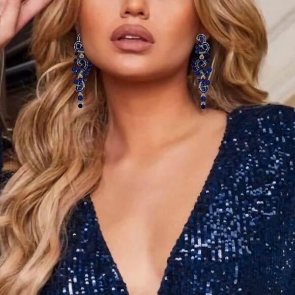 Gun Metal with Sapphire Blue Austrian Crystal Chandelier Post Back Drop Earrings - Picture 3 of 5